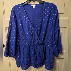 Cato Faux Wrap Blue Gold V-Neck Lightweight Blouse EUC Size: XL